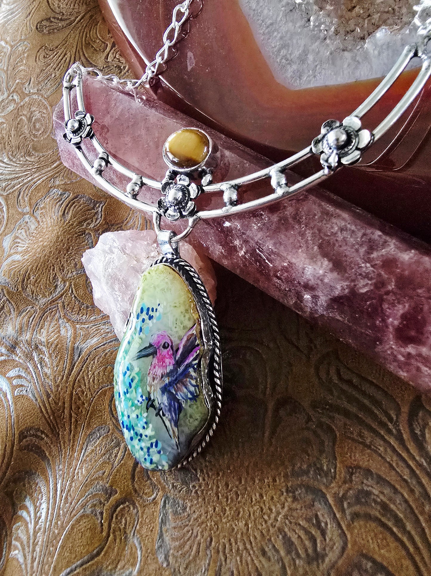 Hand Painted Hummingbird Solar Quartz & Tiger Eye Sterling Silver Necklace