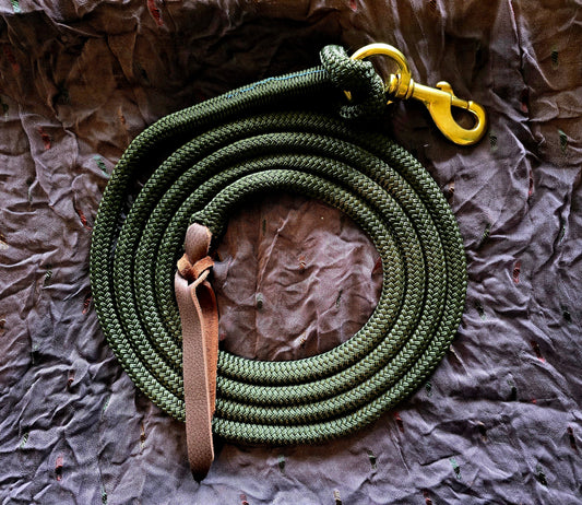 Handcrafted 10' Lead Rope with Leather Popper — Olive Green