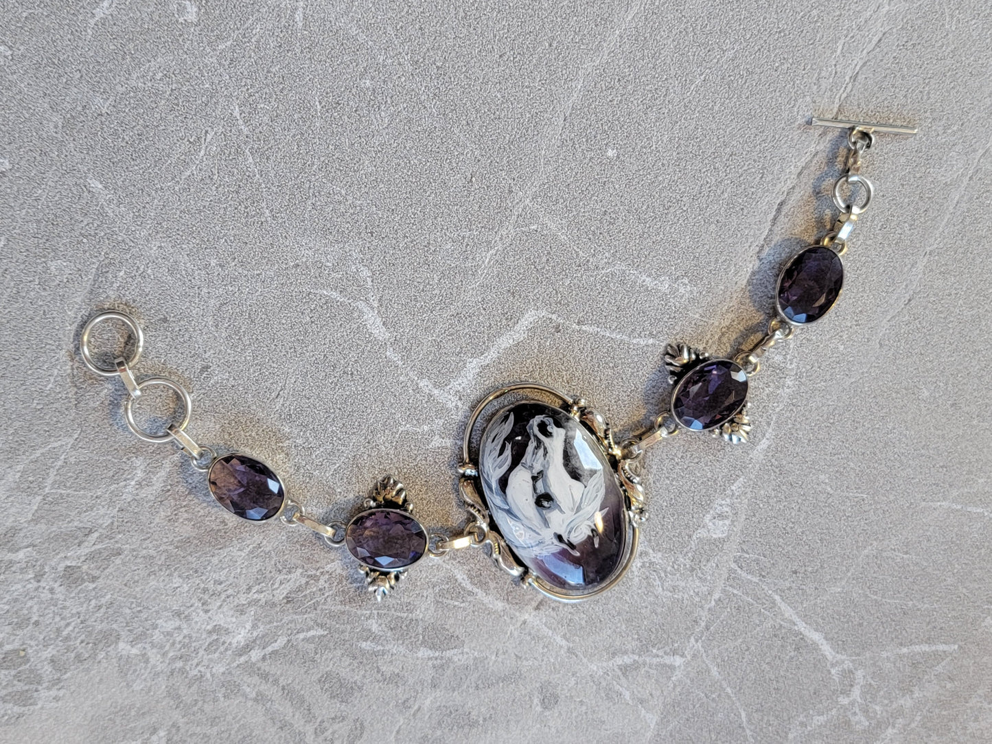 Sterling Silver Hand Painted Horse Cameo Amethyst Bracelet