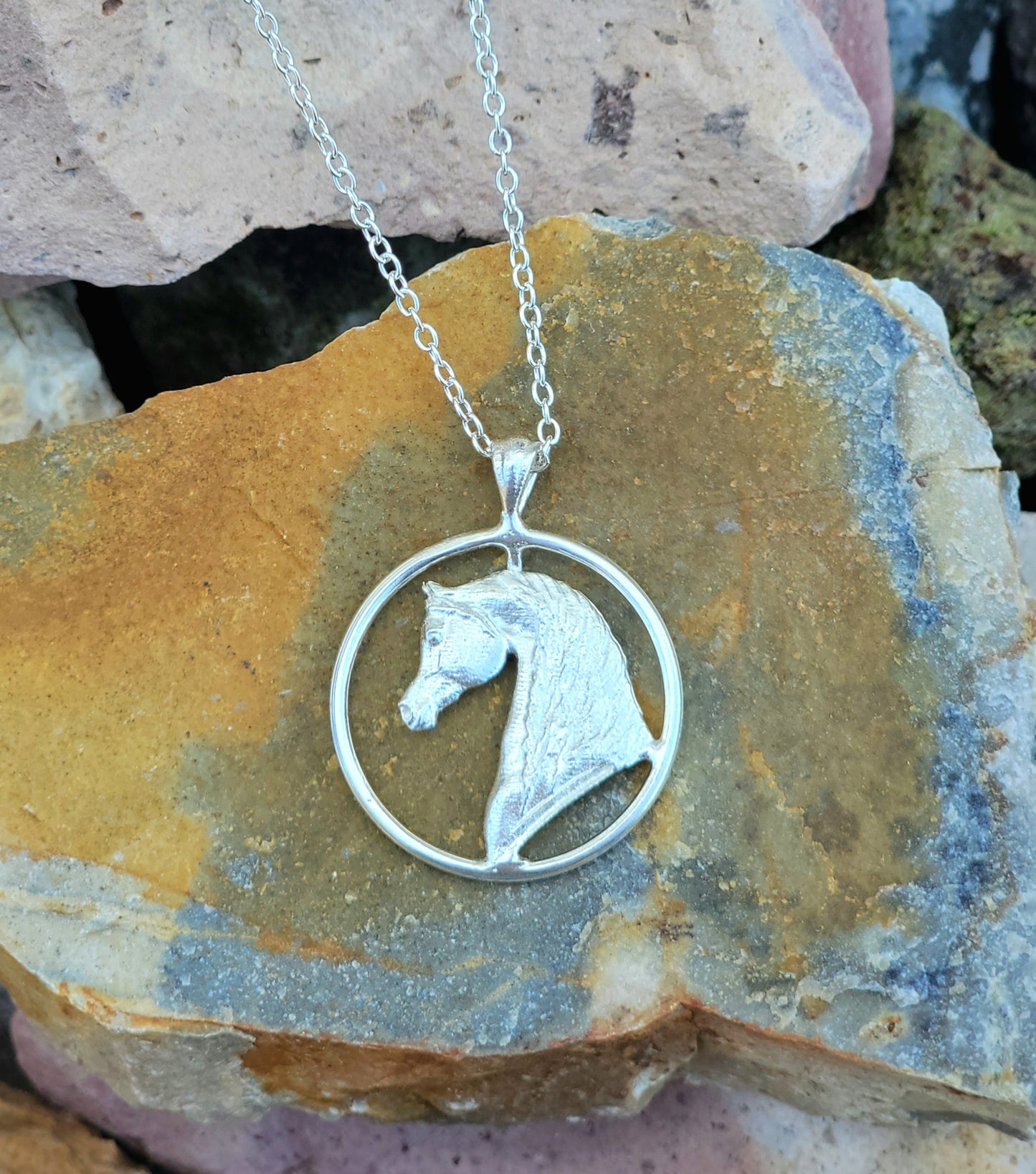 Sterling Silver Petite Arabian Horse Circle Pendant Necklace