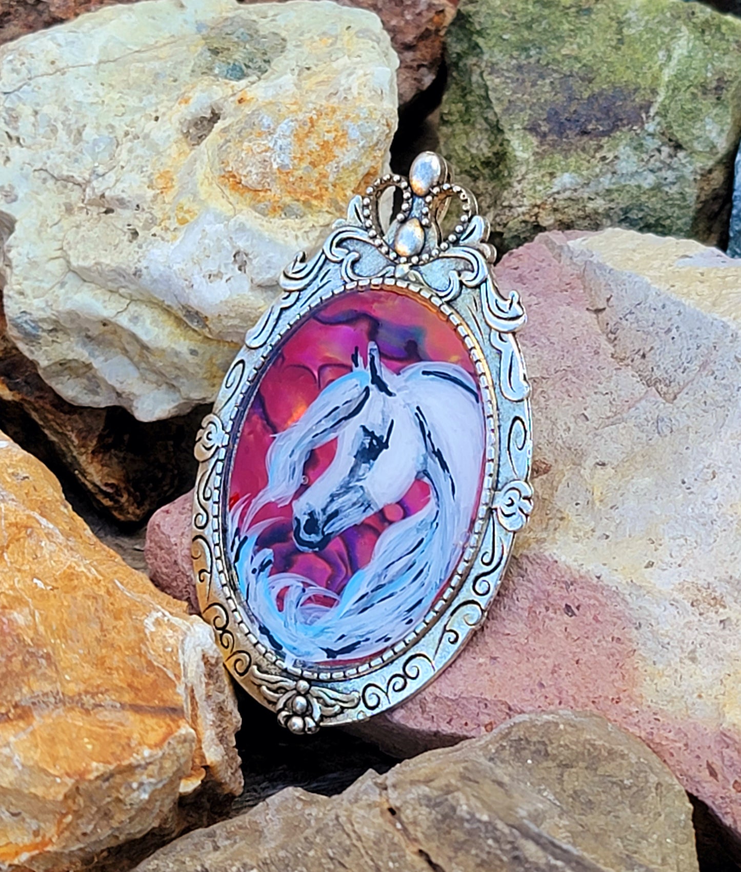 Arabian Horse Hand painted Brooch pendant 2 in 1 combo red abalone