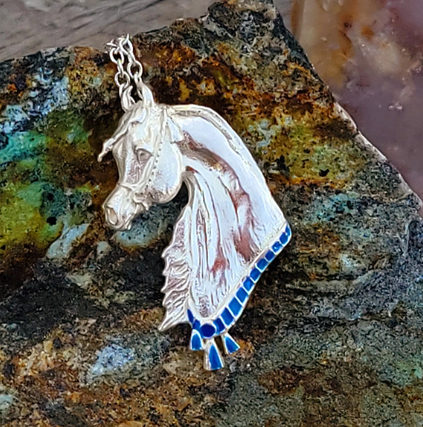 Sterling Silver Arabian Horse Necklace with Blue Enamel