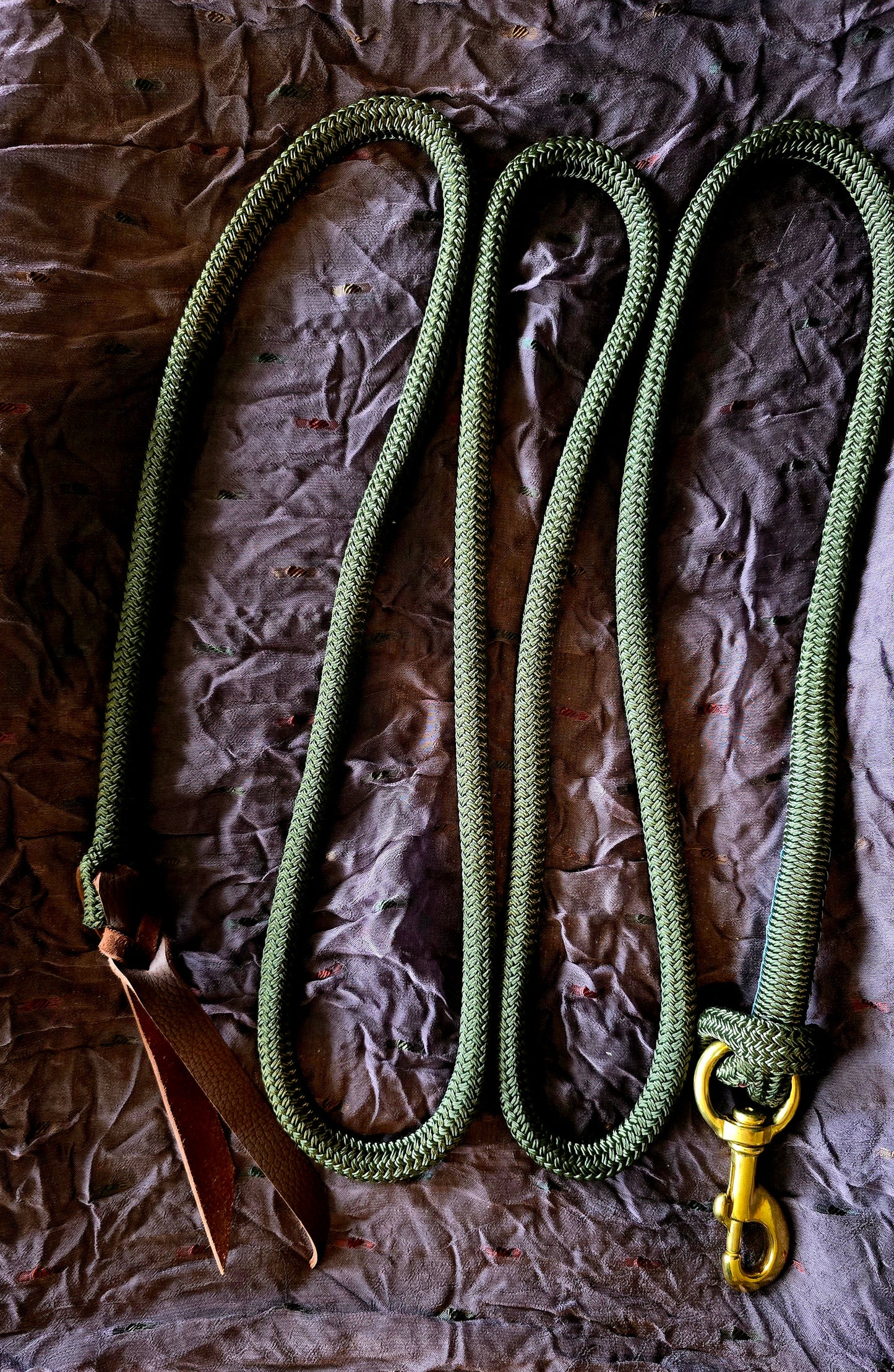 Handcrafted 10' Lead Rope with Leather Popper — Olive Green