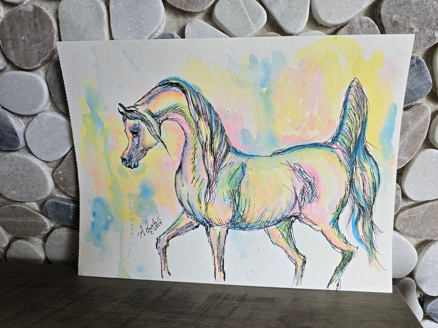 Original Abstract Ink & Watercolor — Exaggerated Arabian Horse, approx. 9x12"