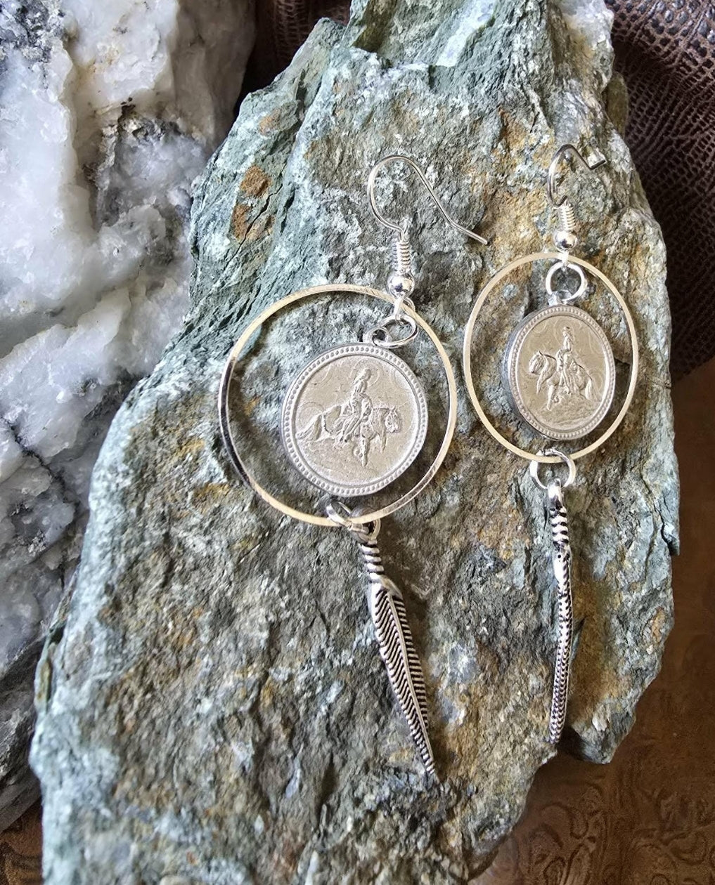 Reining Horse Hoop and Feather Earrings pewter and stainless steel
