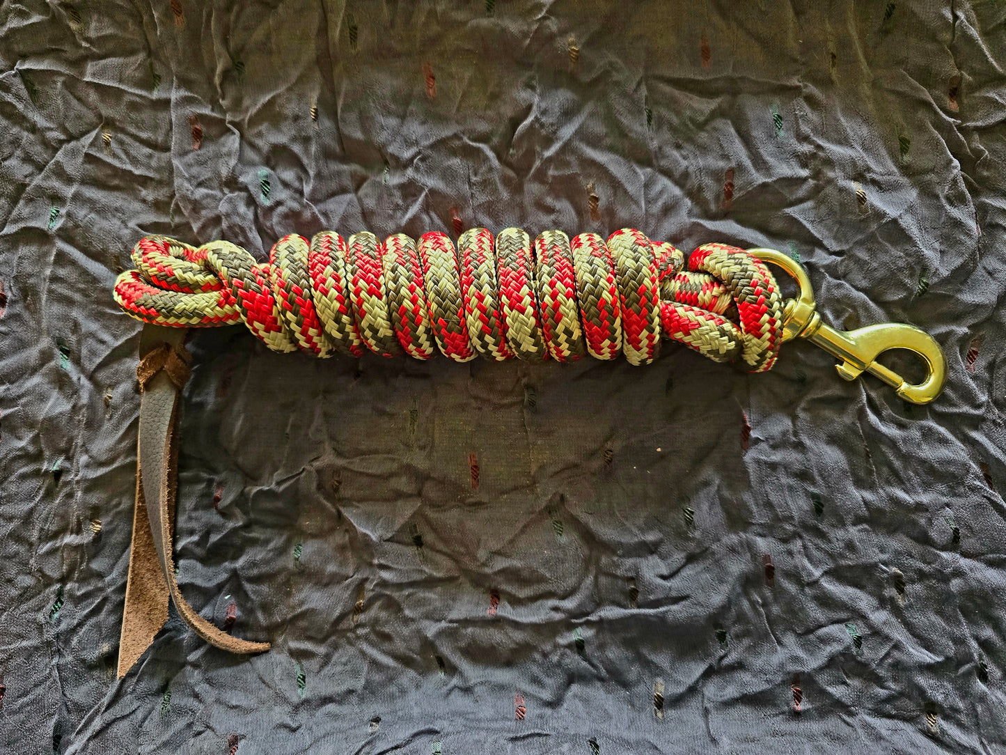 Handcrafted 10' Lead Rope with Leather Popper — Brown, Red & Tan