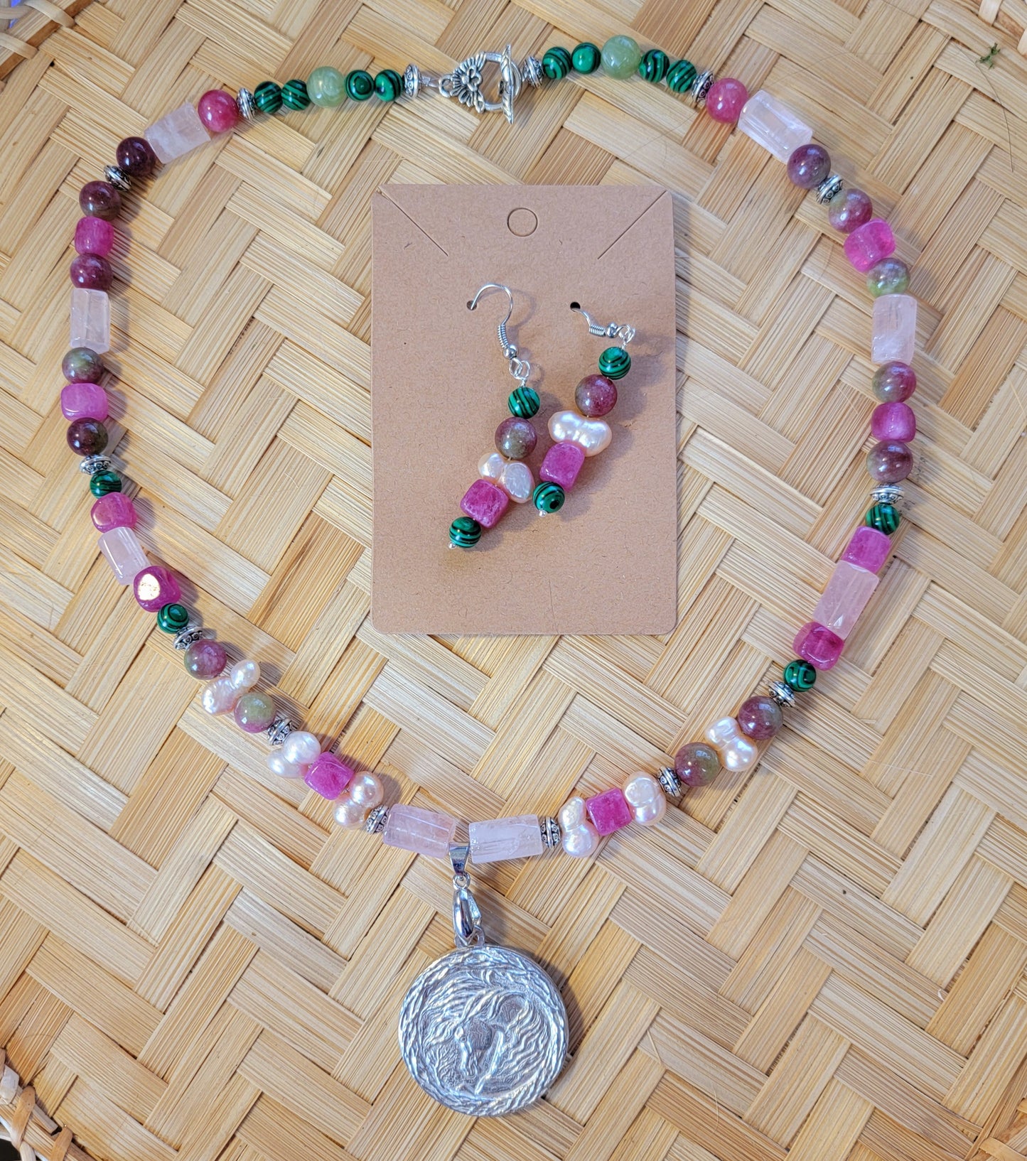 Pewter Arabian Horse Rose Quartz Gemstone Necklace Set earrings