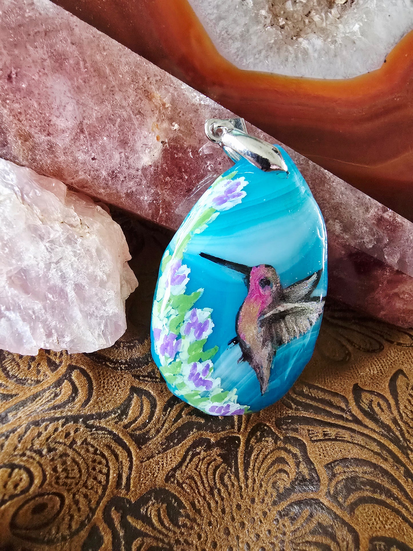 Hand-Painted Hummingbird Pendant — Turquoise Blue Dyed Brazilian Agate