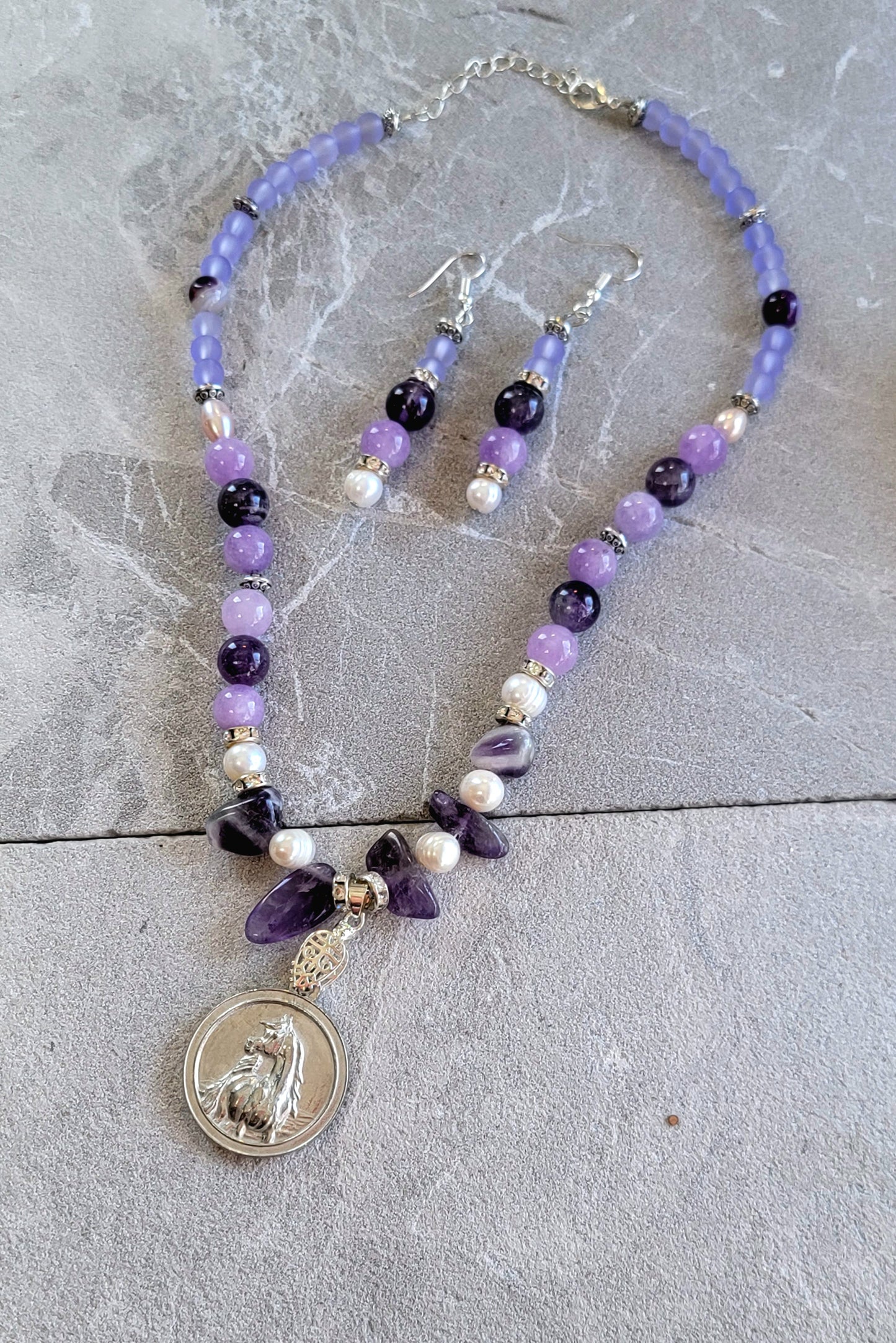 Arabian Horse Pewter Medallion Amethyst Pearl & Sea Glass Necklace and Earring Set