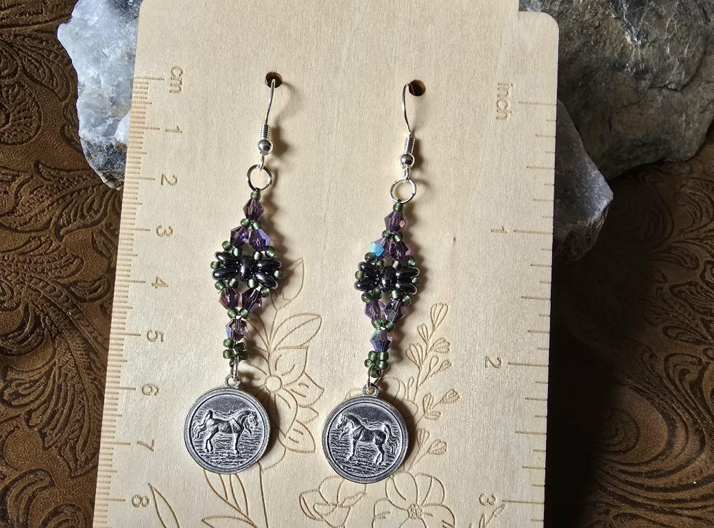 Luxury Beaded Arabian Horse Earrings Purple Swarovski Crystals Pewter Charms