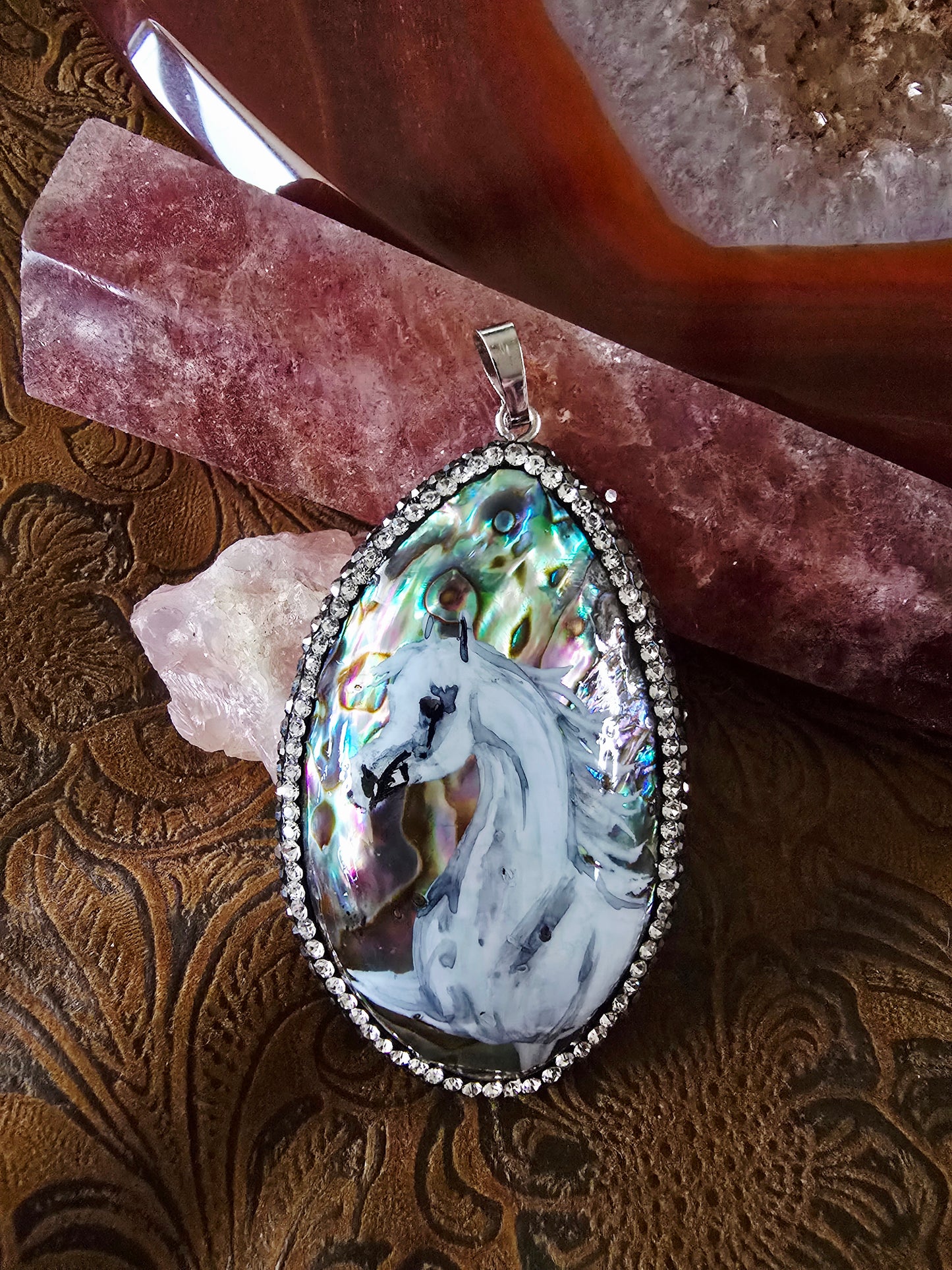 Hand-Painted Arabian Horse Pendant — Natural Abalone Shell with Pave Crystal Bezel