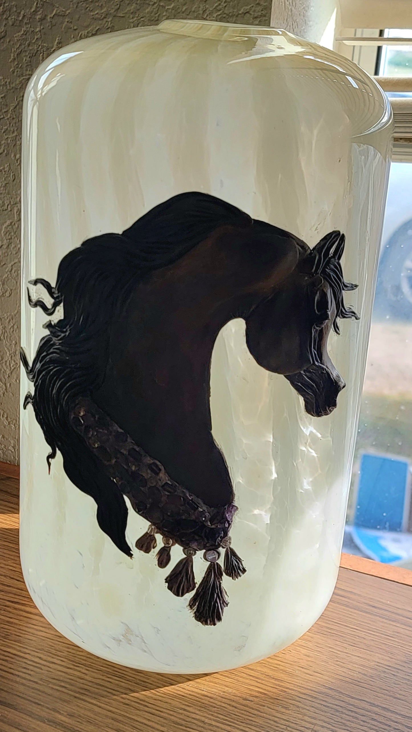Arabian Horse Epoxy Resin Sculpture on Hand Blown White Swirl Glass Vase — Amethyst Gemstone Breast Collar