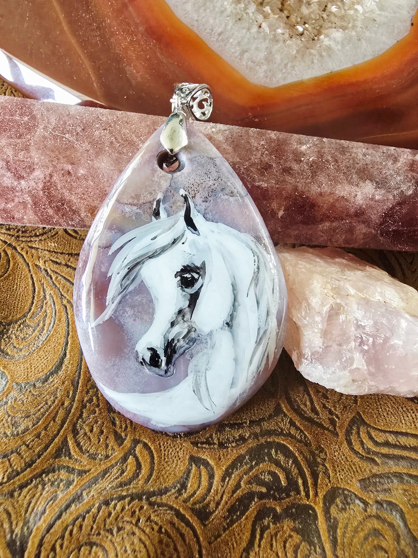 Natural Agate Horse Pendant – Hand painted Original Art