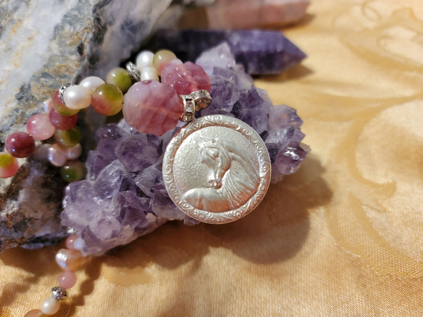Arabian Horse Sterling Silver Necklace — Rose Quartz, Biwa Pearls & Pink Tourmaline