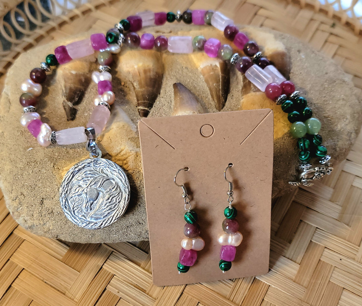 Pewter Arabian Horse Rose Quartz Gemstone Necklace Set earrings