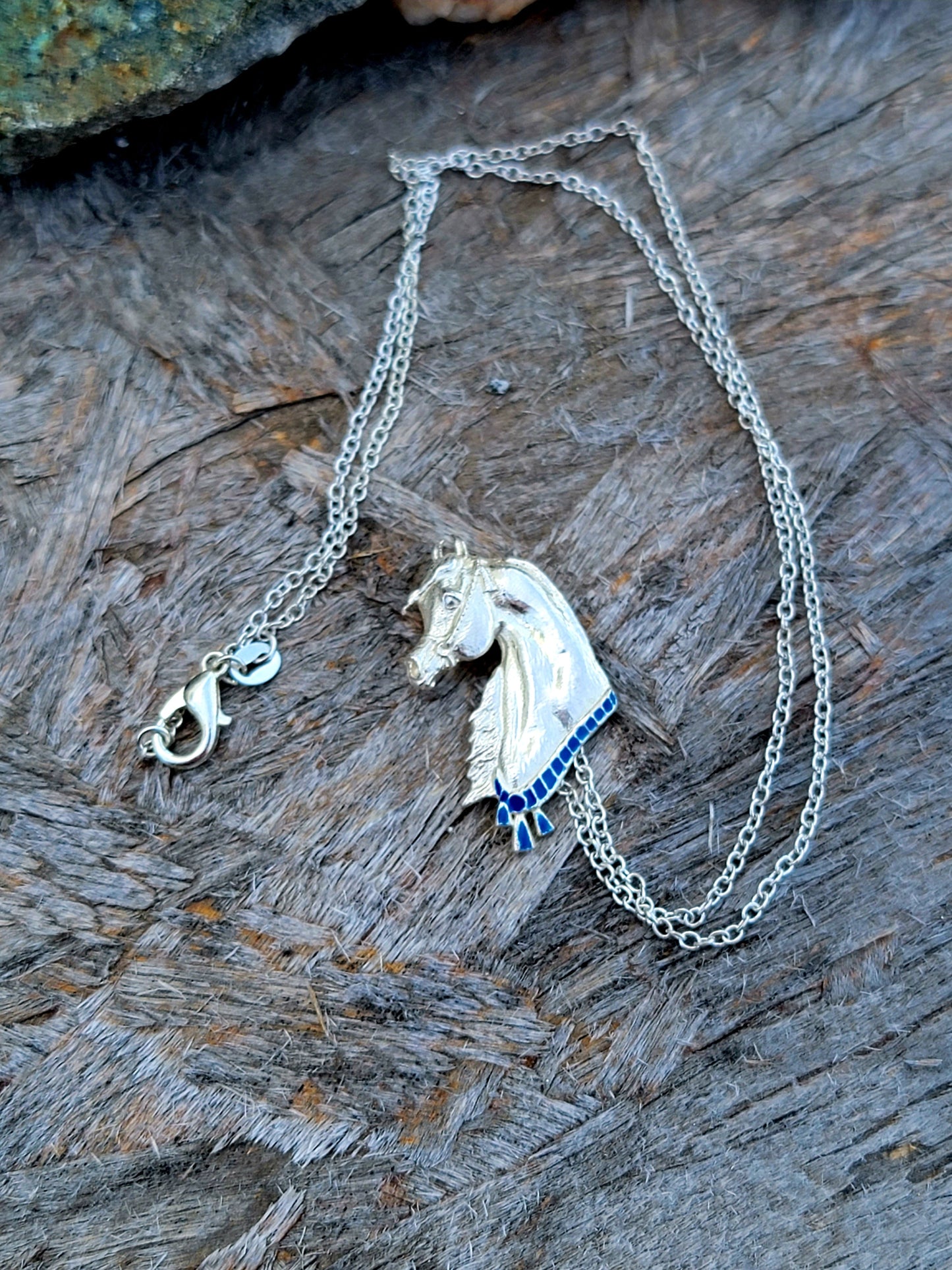 Sterling Silver Arabian Horse Necklace with Blue Enamel
