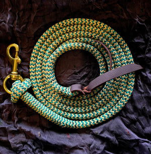 Handcrafted 10' Lead Rope with Leather Popper — Tan, Turquoise & Black