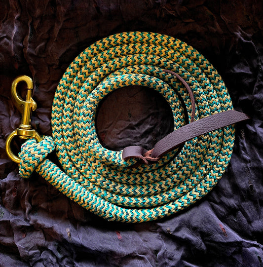Handcrafted 10' Lead Rope with Leather Popper — Tan, Turquoise & Black