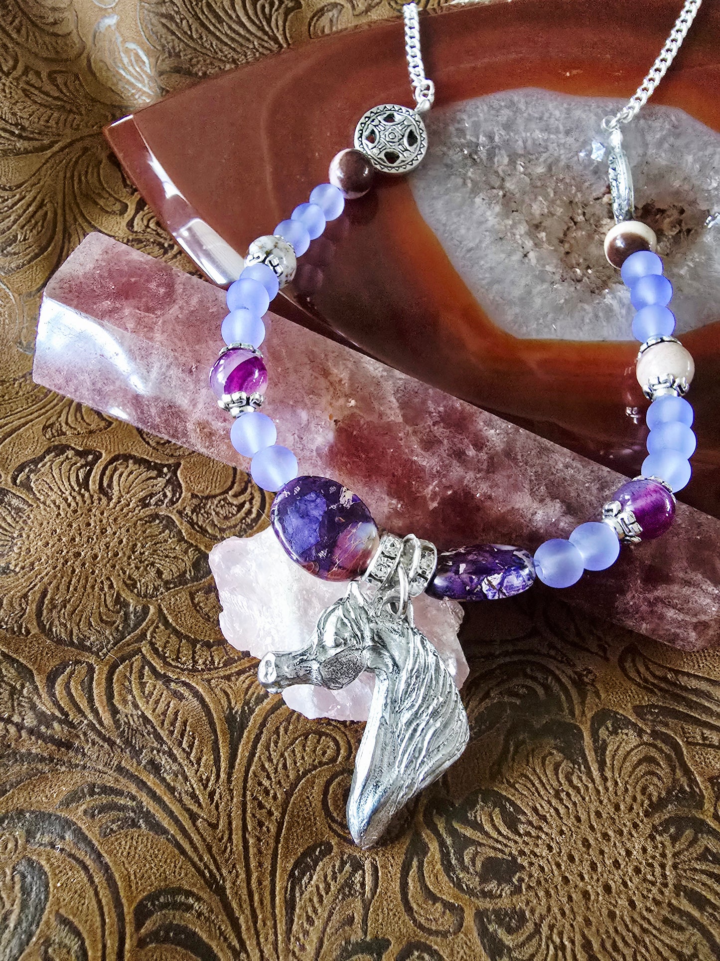 Pewter Arabian Horse Head Beaded Necklace — Purple Emperor Stone & Frosted Purple Chalcedony, 25"