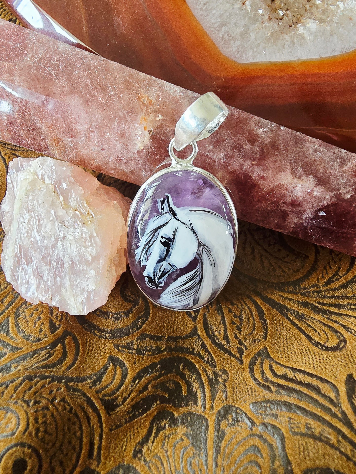 Rose Quartz Horse Pendant – Handpainted Original Art