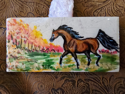 Handpainted Horse Scene Marble Tile – Original Art