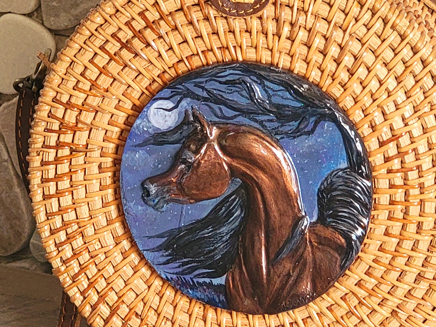 Moonlit Arabian — Hand-Painted, Hand Sculpted Vintage Rattan Crossbody Bag