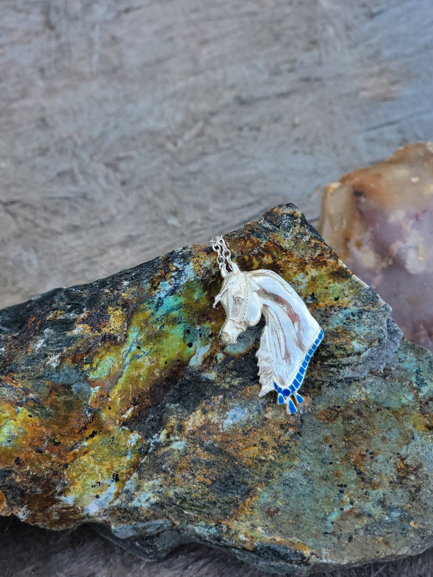 Sterling Silver Arabian Horse Necklace with Blue Enamel