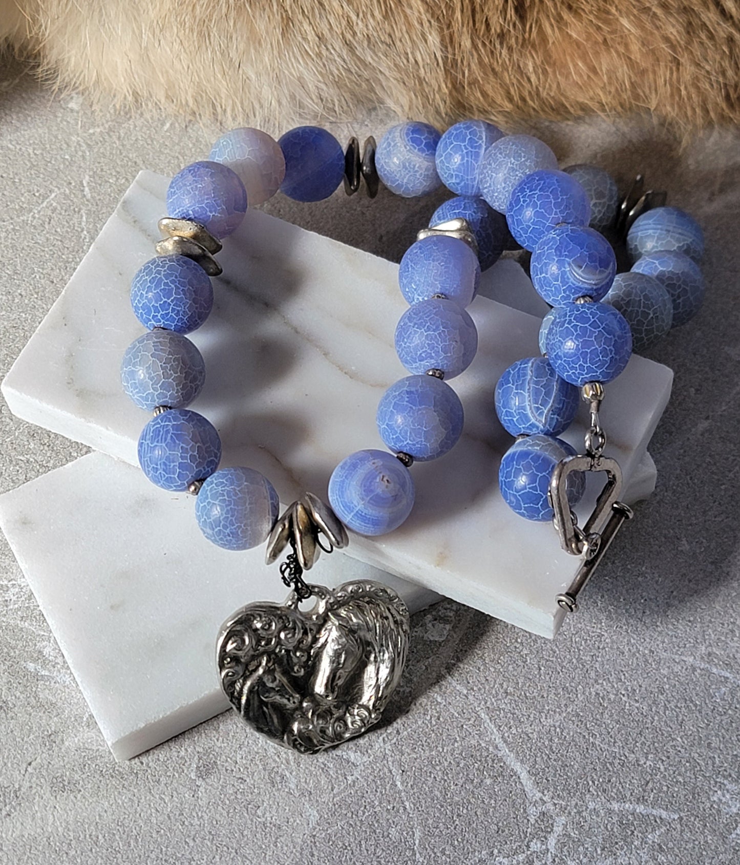 Blue Agate Mare & Foal Pewter Heart Charm Bracelet — Sterling Silver Toggle Clasp
