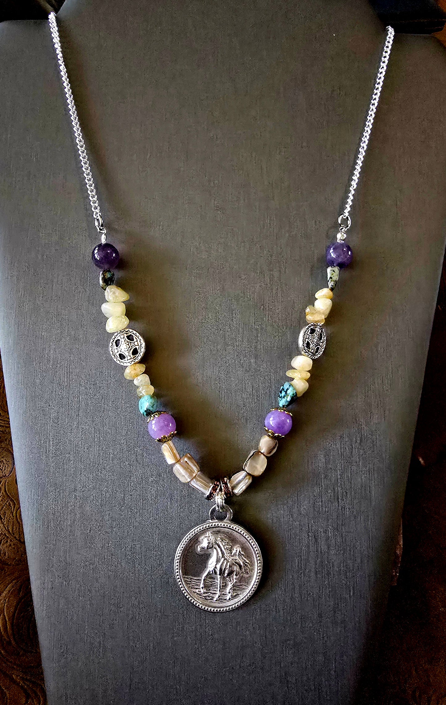 Pewter Arabian Horse Medallion Necklace — Amethyst, African Turquoise, Pearl & Citrine Gemstones, 24"