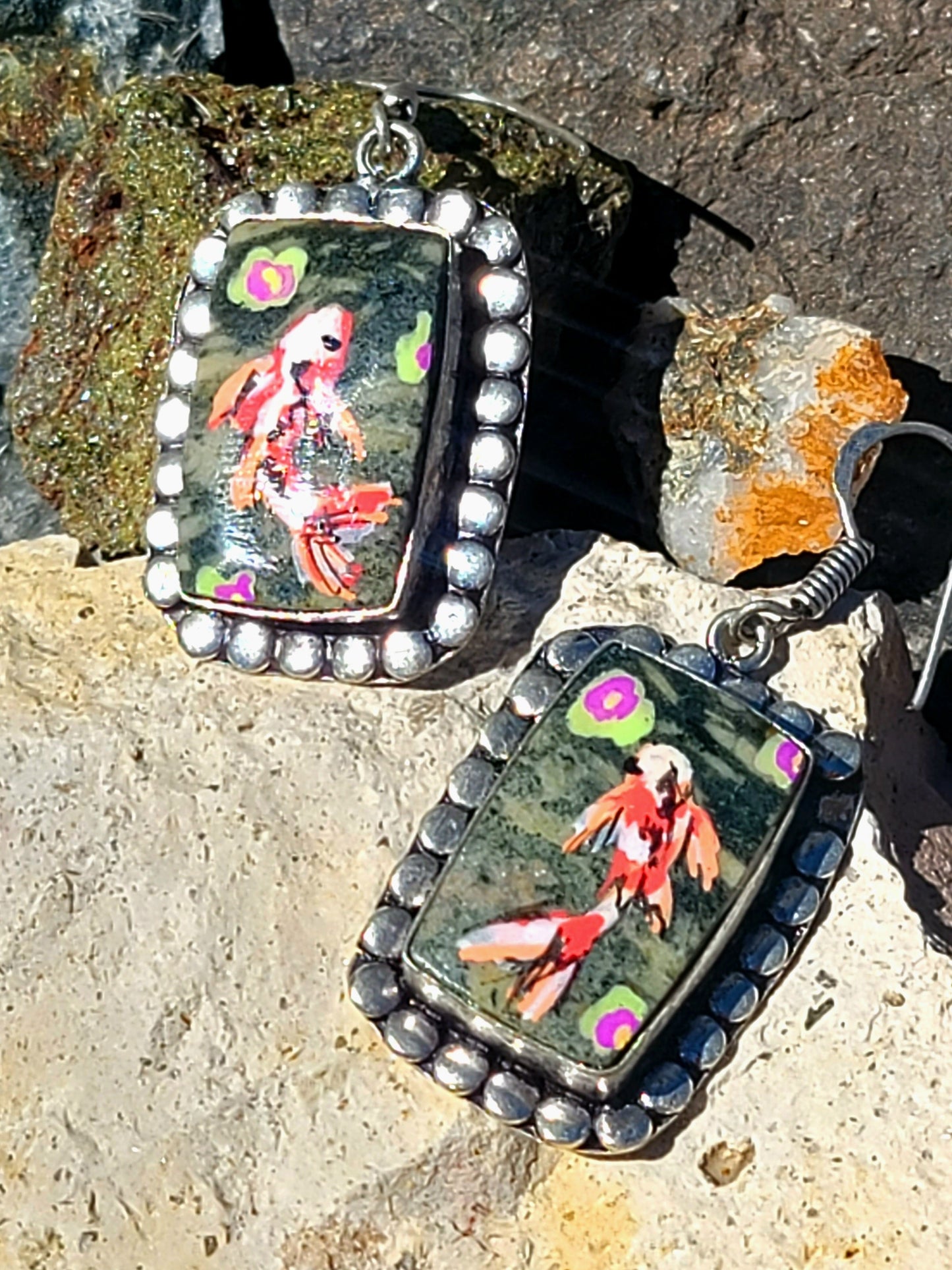 Hand Painted Koi Fish Jasper Sterling Silver Drop Earrings