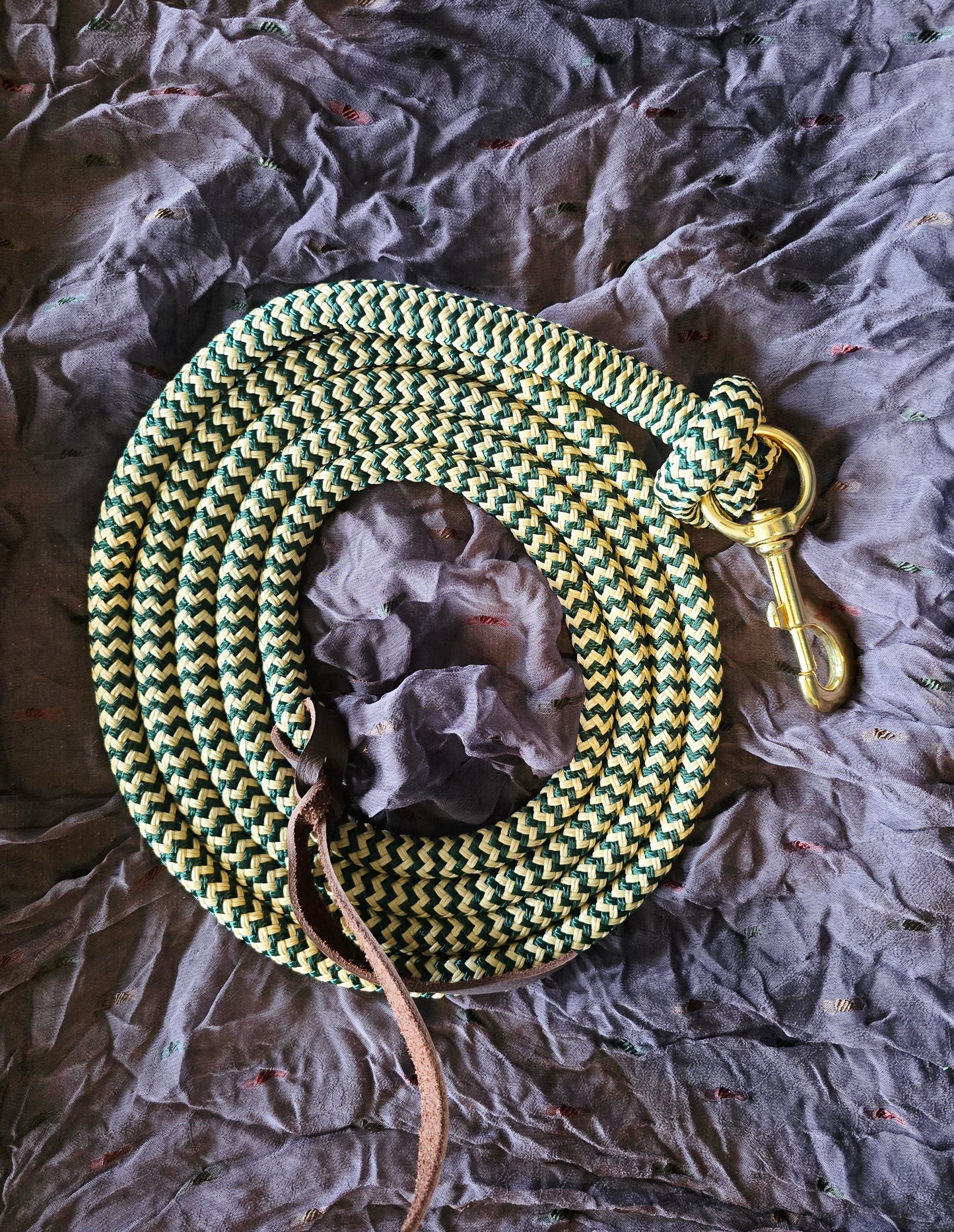 Handcrafted 10' Lead Rope with Leather Popper — Hunter Green & Tan