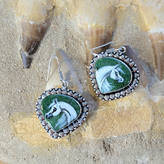Sterling Silver Moss Agate Arabian Horse Painted Earrings