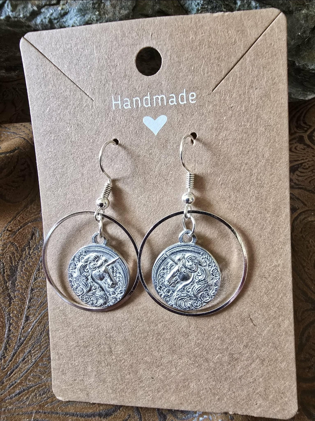 Pewter Unicorn Hoop Earrings Fantasy Horse Jewelry