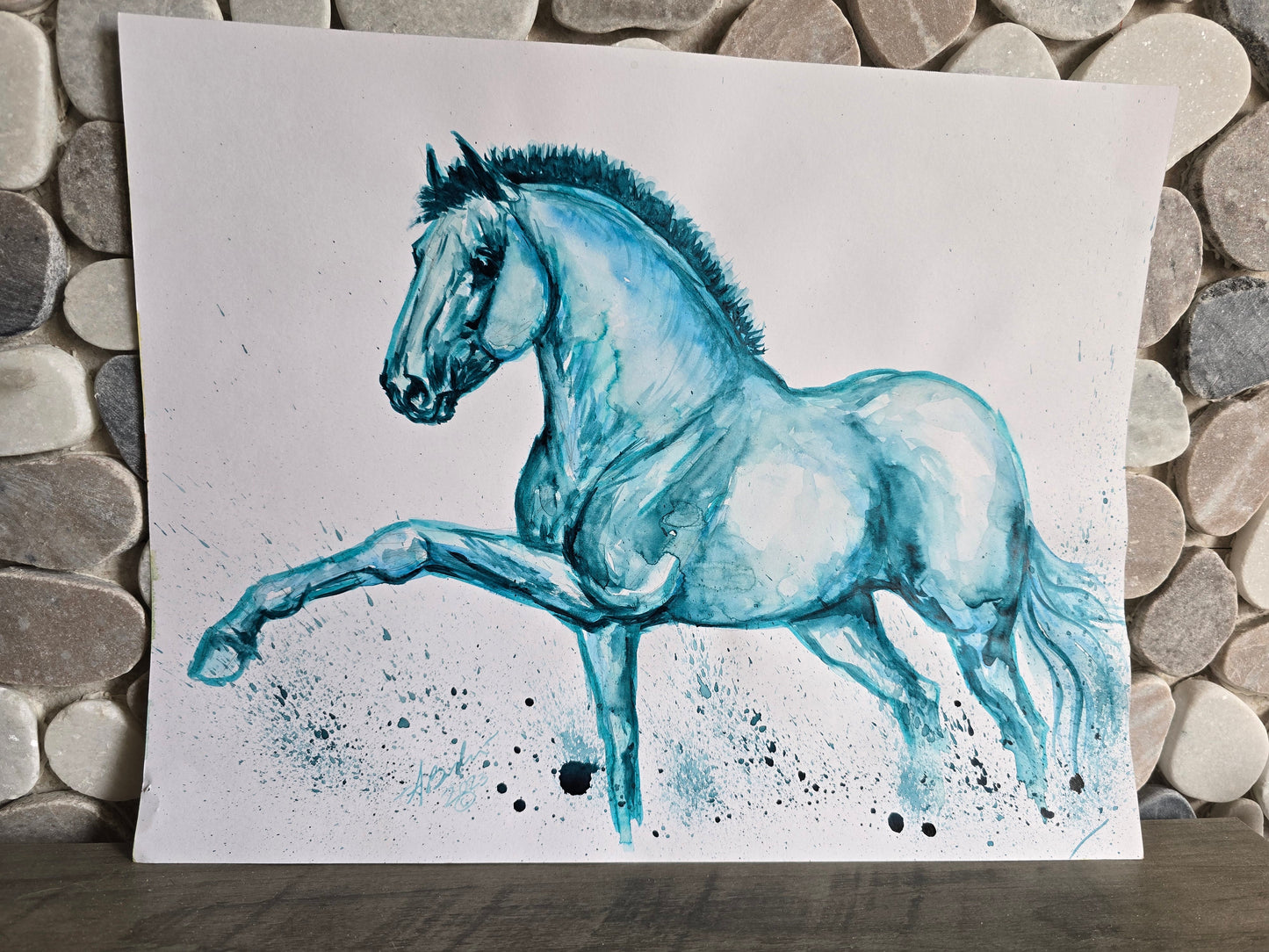 Original Watercolor — Teal Galloping Horse 11x15”