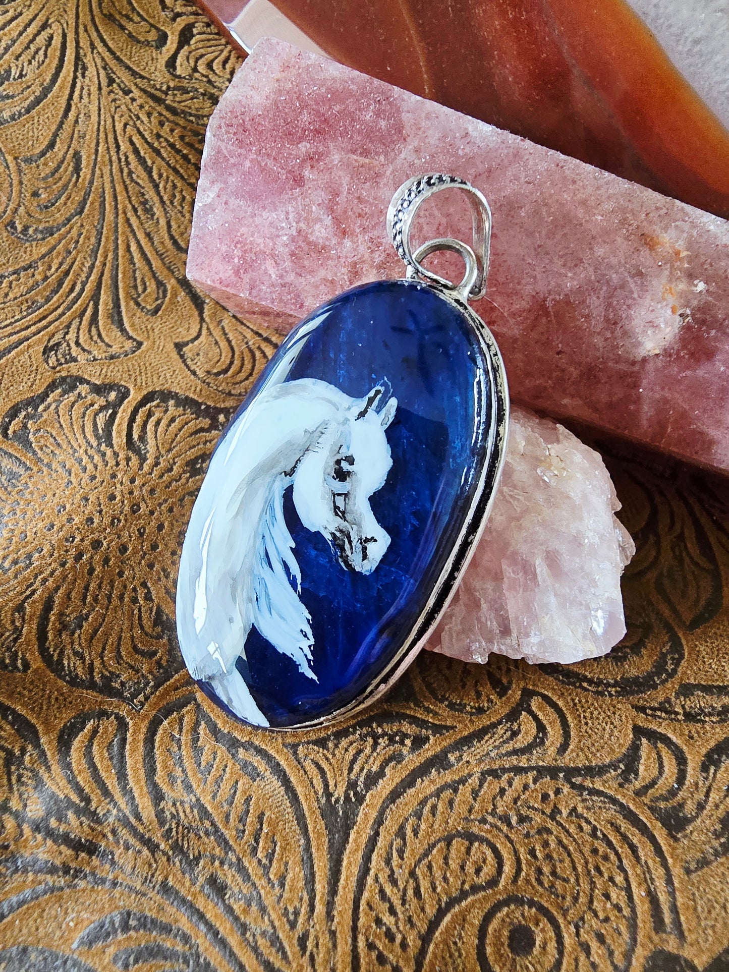 Hand-Painted Arabian Horse Pendant — Deep Blue Labradorite