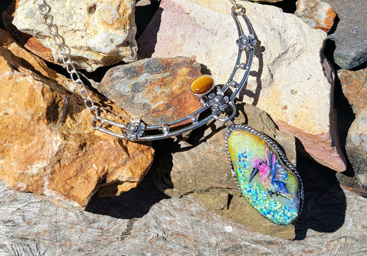 Hand Painted Hummingbird Solar Quartz & Tiger Eye Sterling Silver Necklace