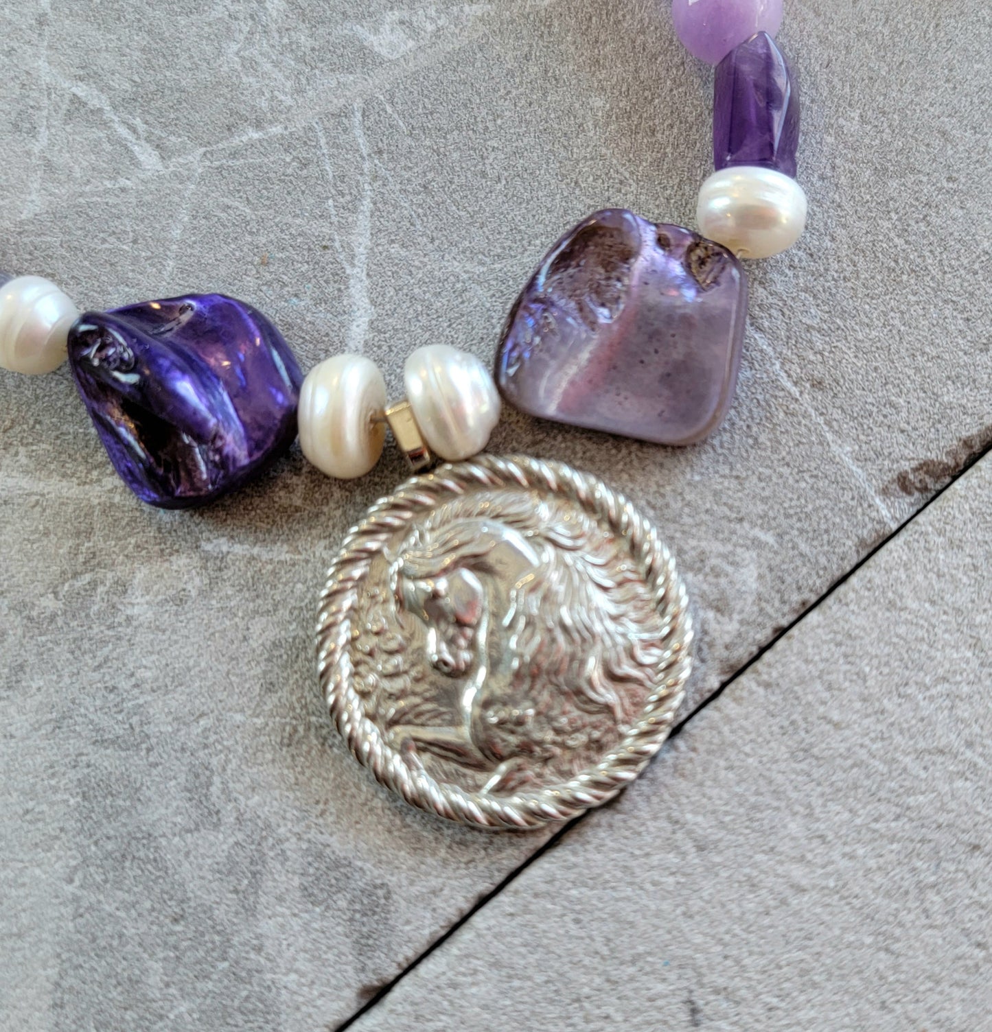 Exquisite Arabian Pewter Amethyst Pearl & Shell Necklace and Earring Set