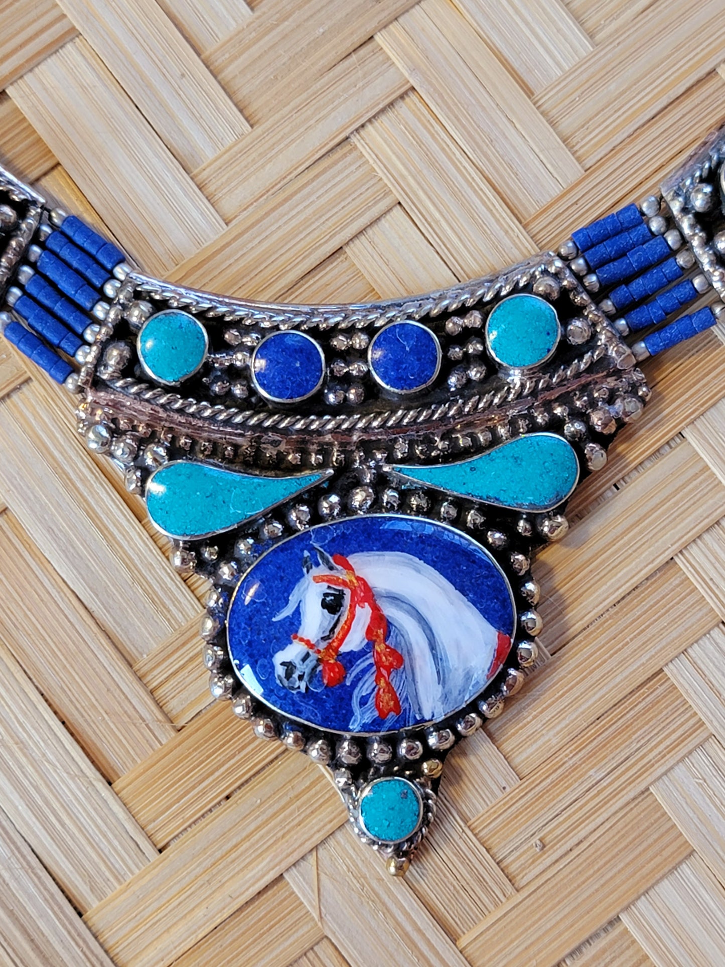Sterling Silver Bedouin tribal Necklace Hand Painted Arabian Horse