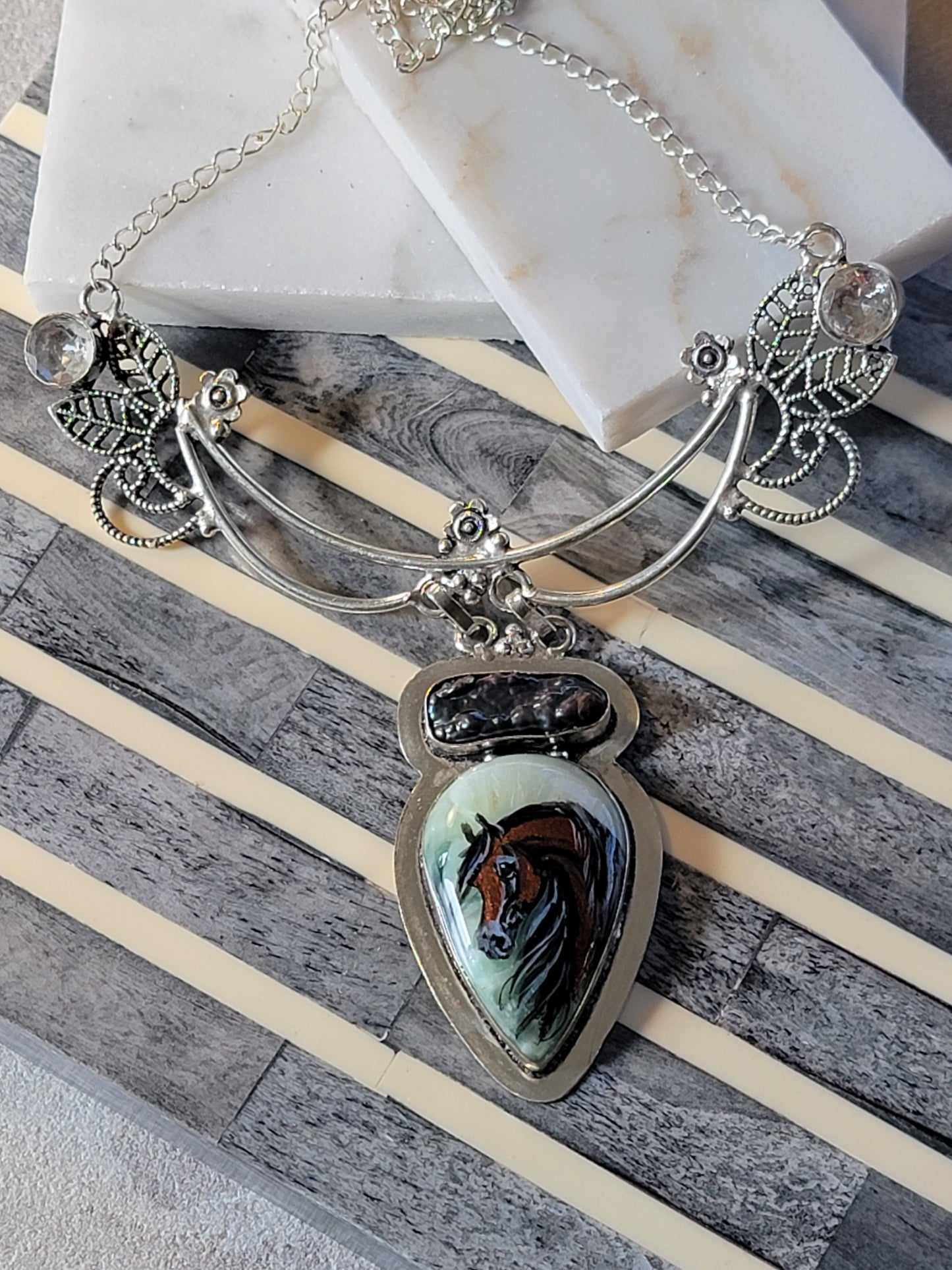 Hand-Painted Bay Horse Gemstone Necklace | Sterling Silver | Adjustable 20"