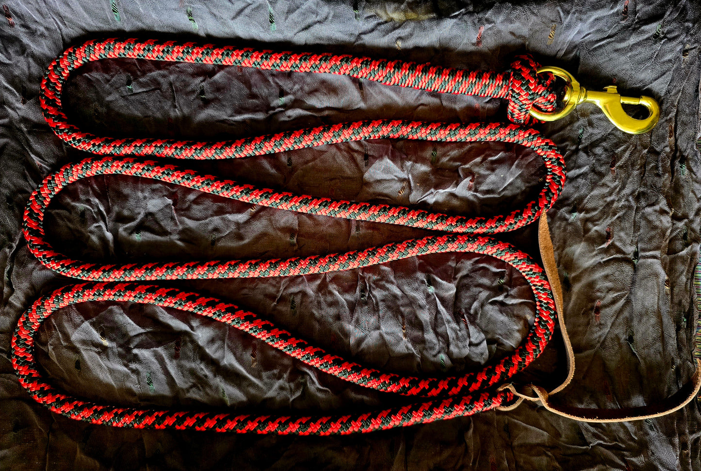 Handcrafted 10' Lead Rope with Leather Popper — Red & Black