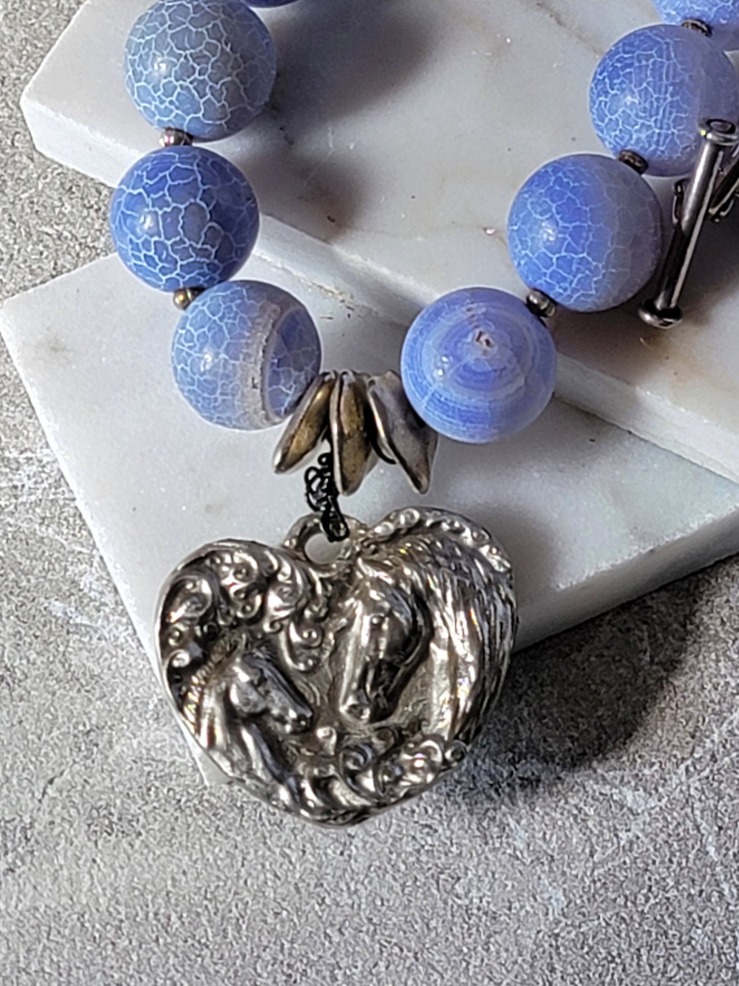 Blue Agate Mare & Foal Pewter Heart Charm Bracelet — Sterling Silver Toggle Clasp