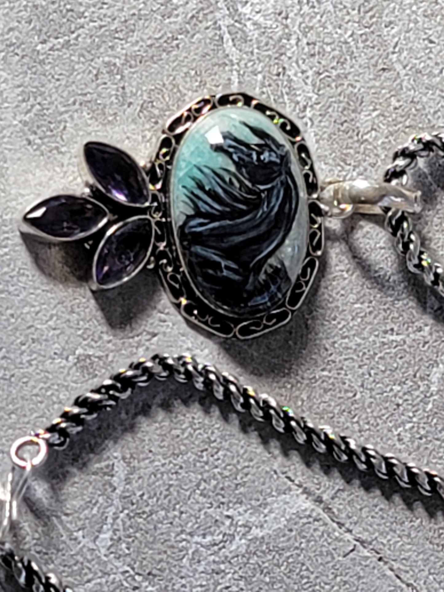 Black Arabian Horse Hand Painted Gemstone Sterling Silver Necklace