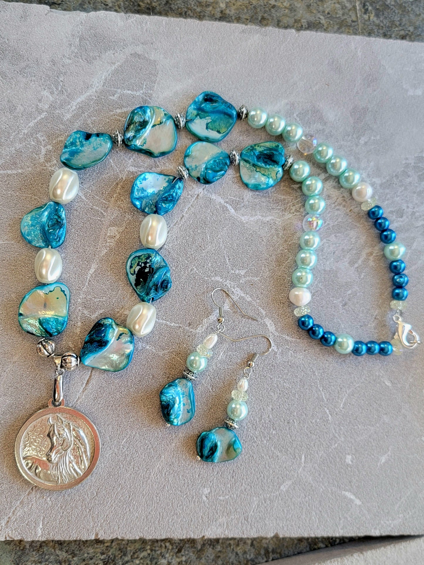 Pewter Horse Medallion Teal Shell & Pearl Necklace and Earring Set