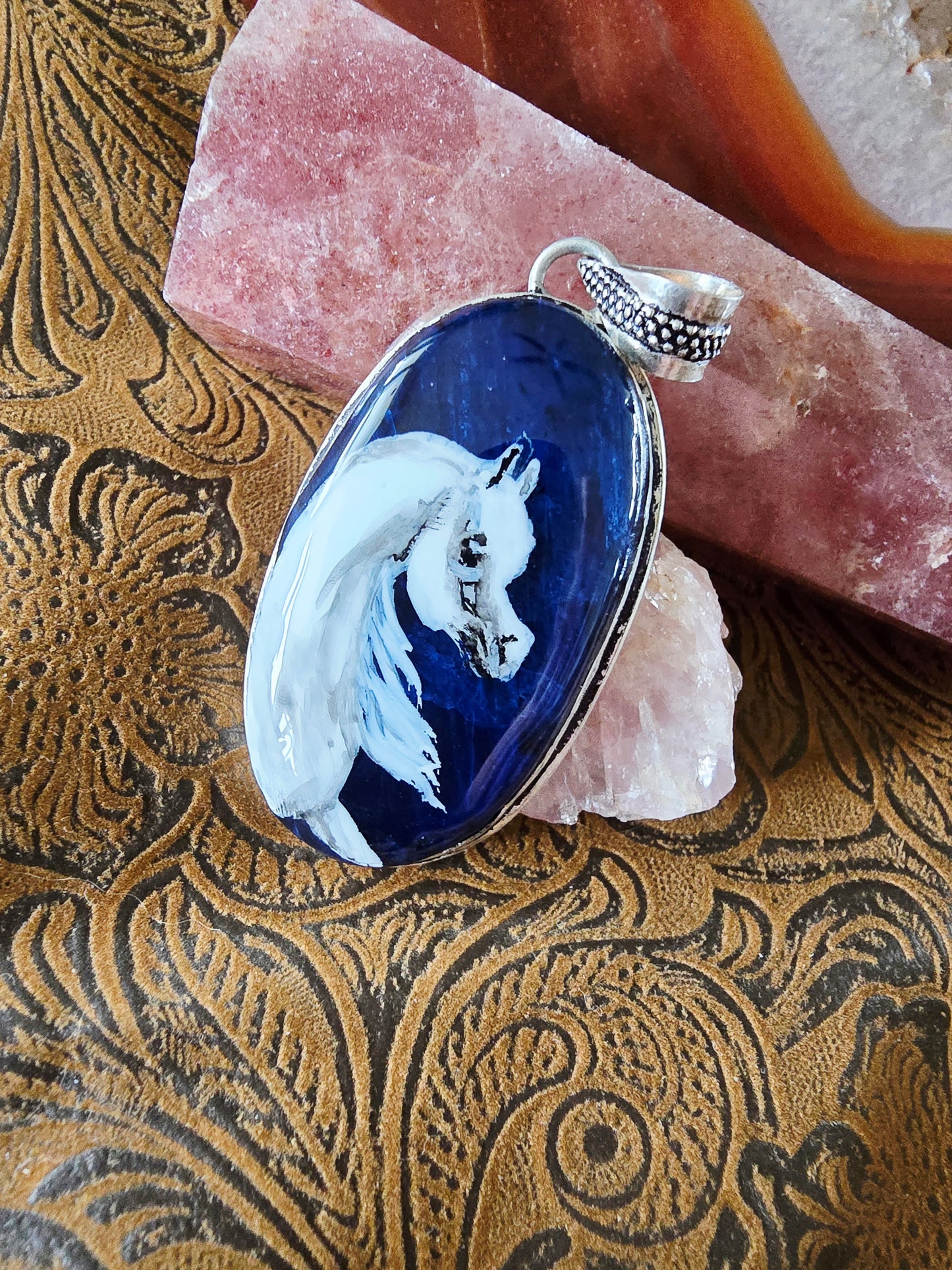 Hand-Painted Arabian Horse Pendant — Deep Blue Labradorite
