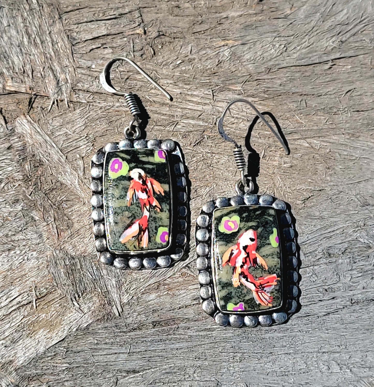 Hand Painted Koi Fish Jasper Sterling Silver Drop Earrings