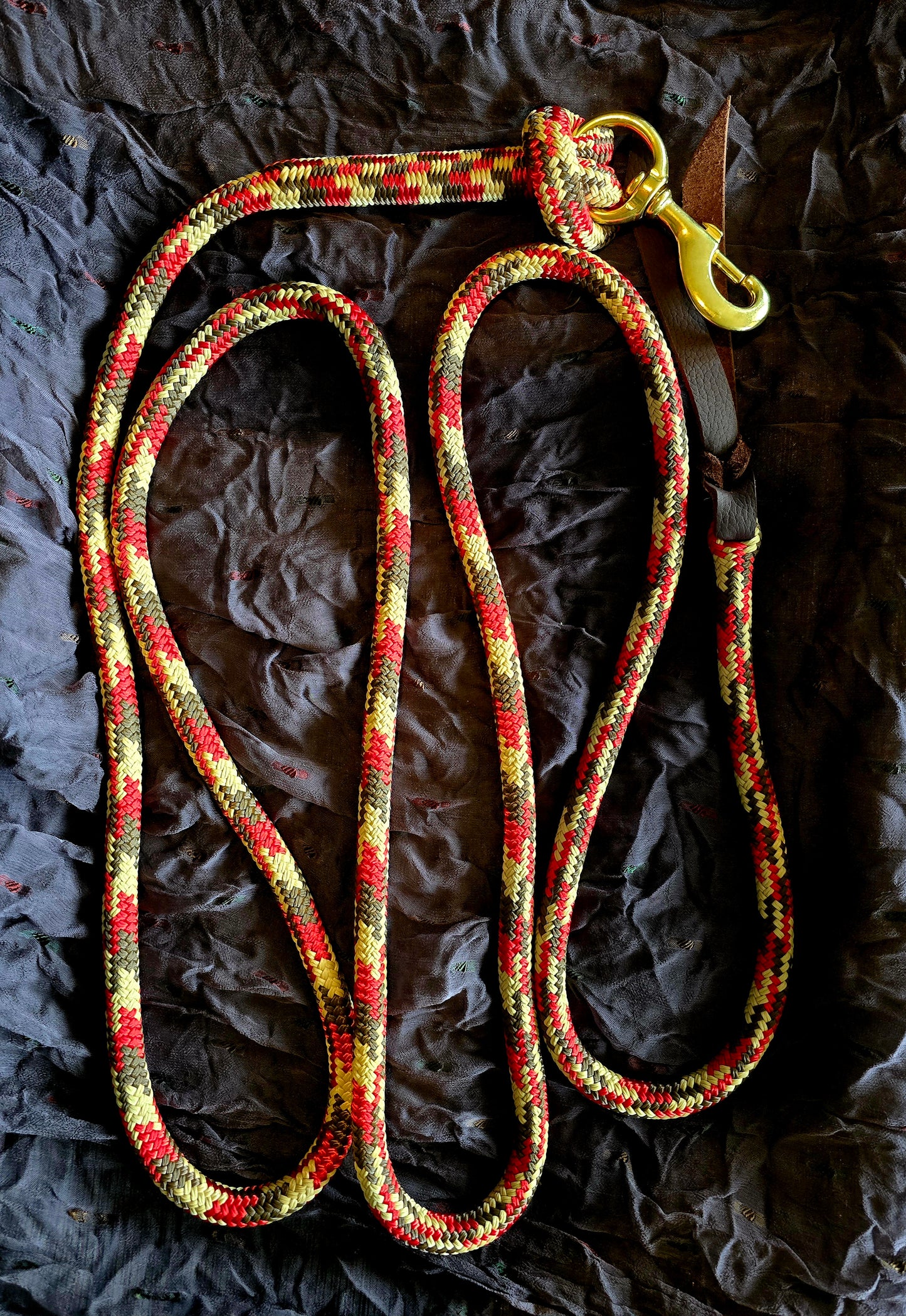 Handcrafted 10' Lead Rope with Leather Popper — Brown, Red & Tan