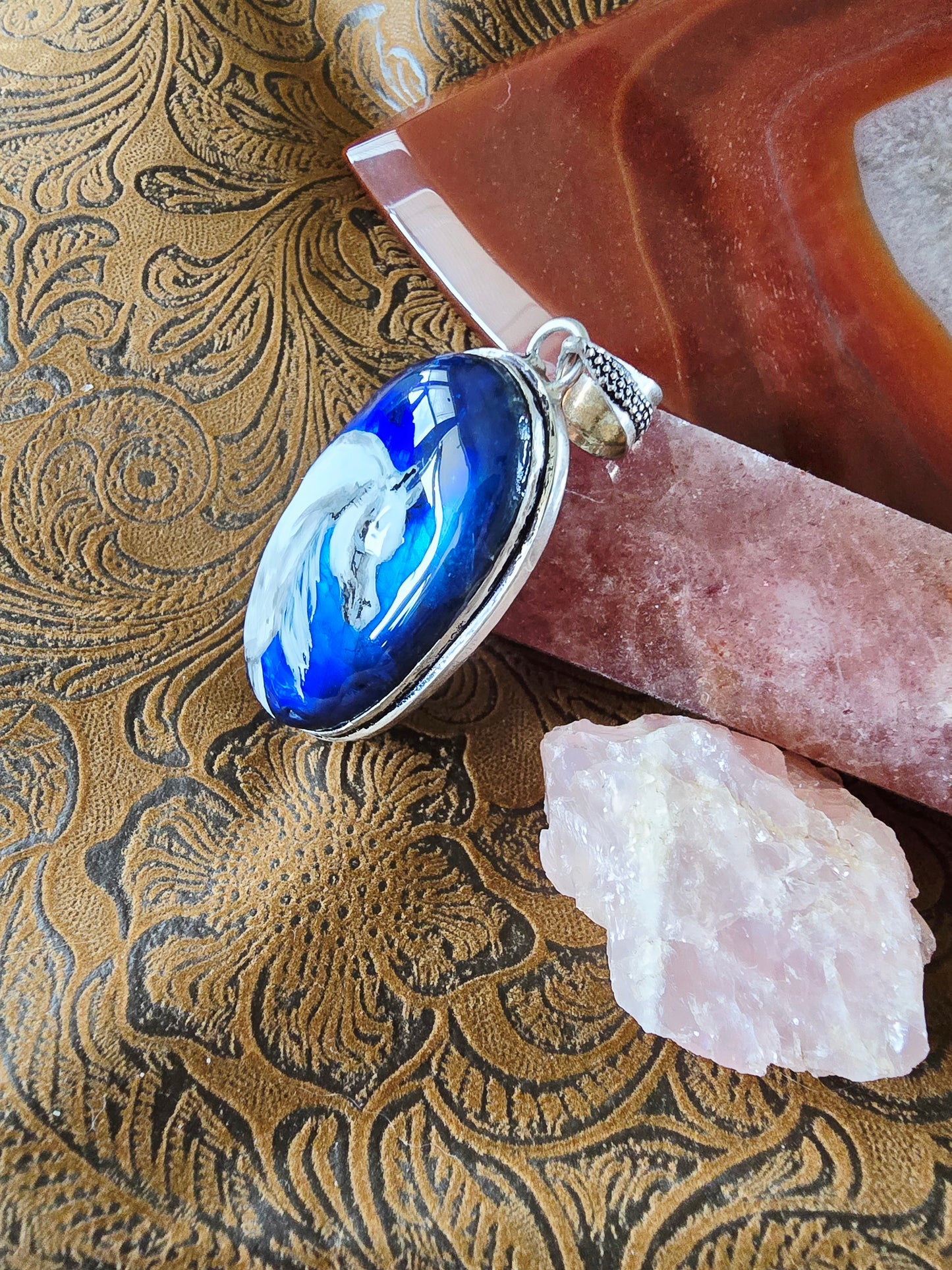 Hand-Painted Arabian Horse Pendant — Deep Blue Labradorite