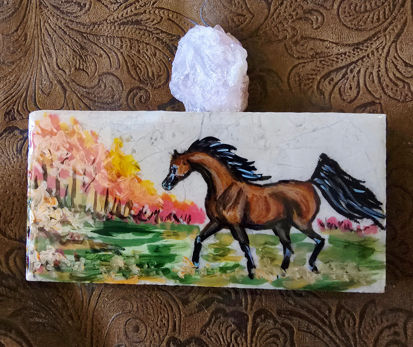 Handpainted Horse Scene Marble Tile – Original Art