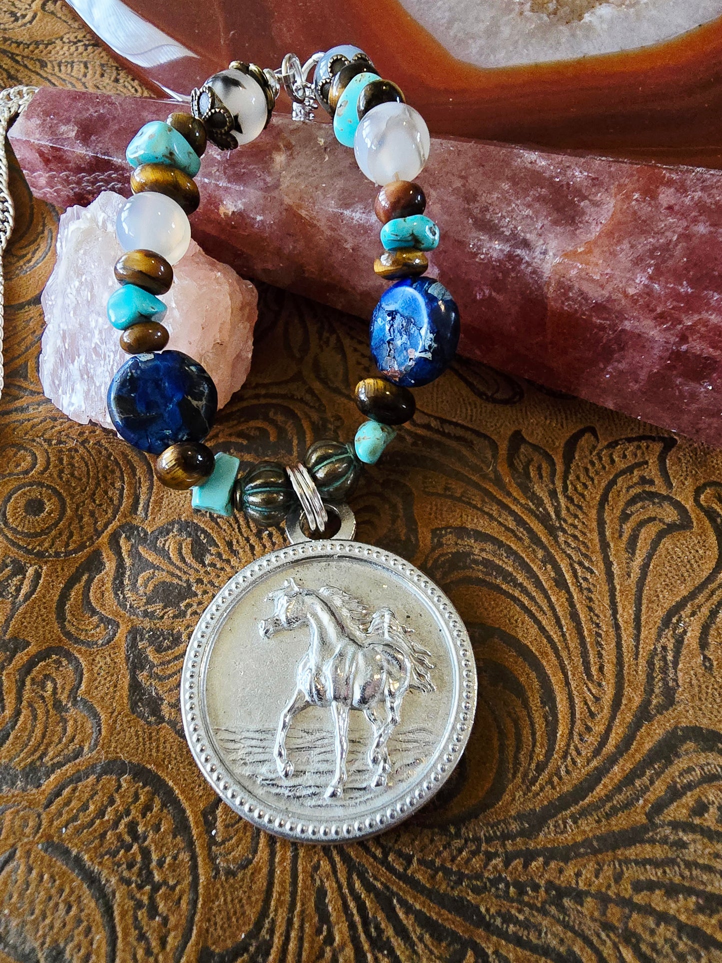 Pewter Arabian Horse Necklace — Jasper, Turquoise, Tiger's Eye & Dendritic Opal Gemstone Beads, 24"