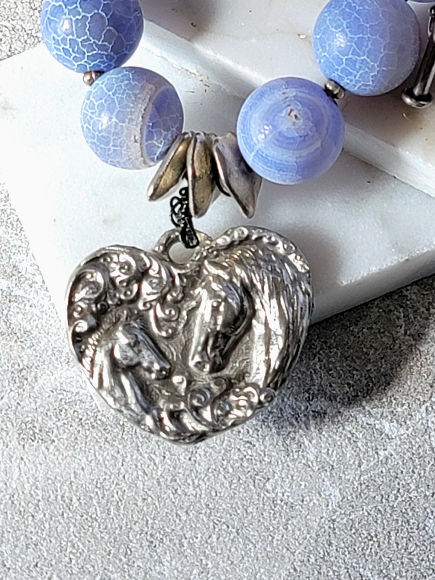 Blue Agate Mare & Foal Pewter Heart Charm Bracelet — Sterling Silver Toggle Clasp